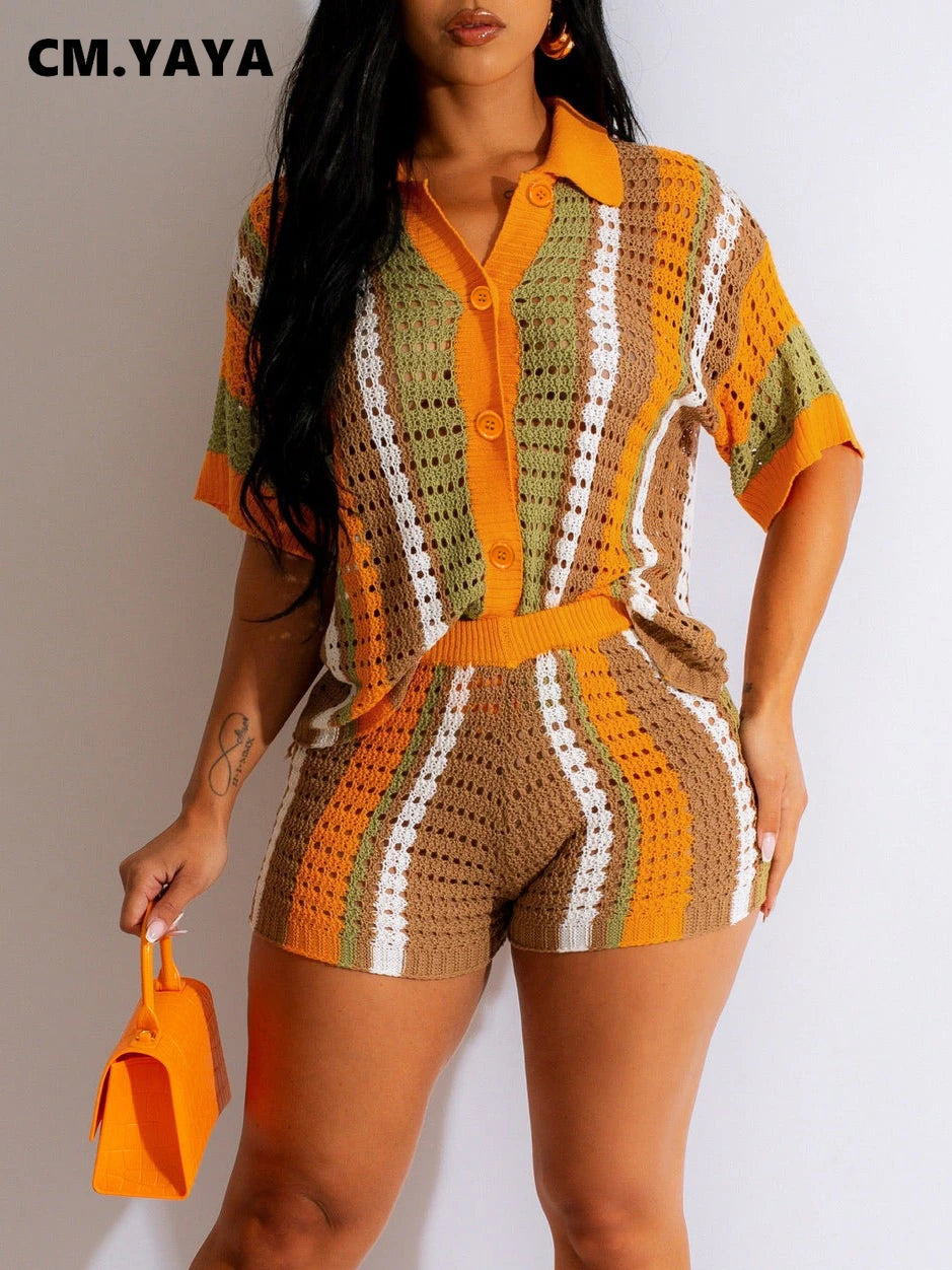 CM.YAYA Knit Ribbed Crochet Hollow Out Striped Women's Set Short Sleeve Button Sweater and Shorts 2023 Two 2 Piece Set Outfits