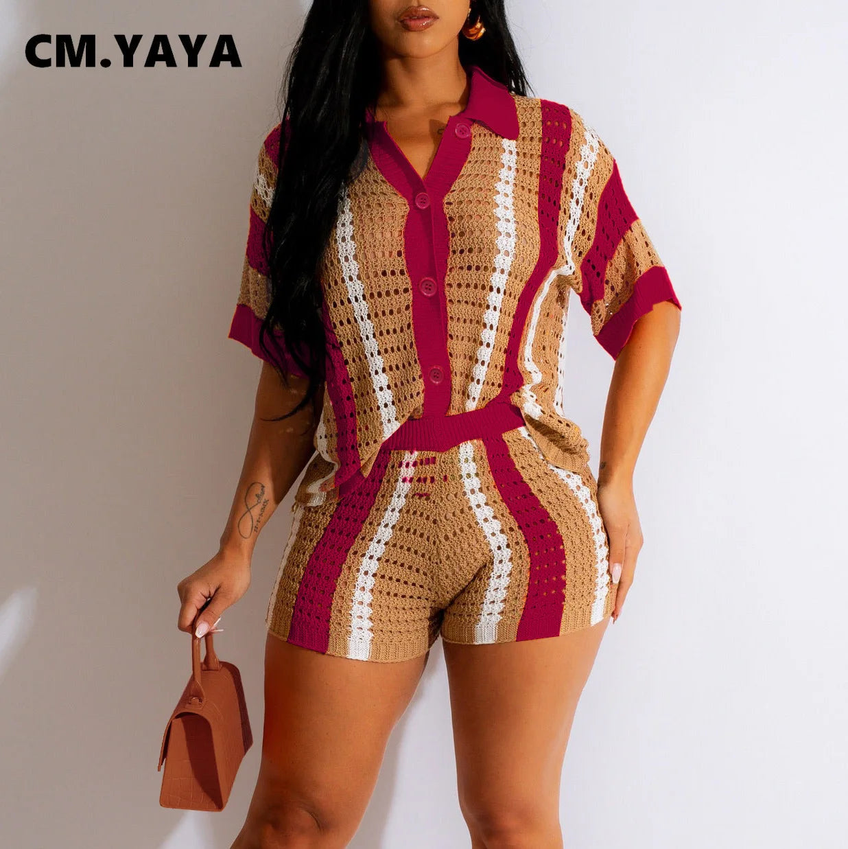 CM.YAYA Knit Ribbed Crochet Hollow Out Striped Women's Set Short Sleeve Button Sweater and Shorts 2023 Two 2 Piece Set Outfits