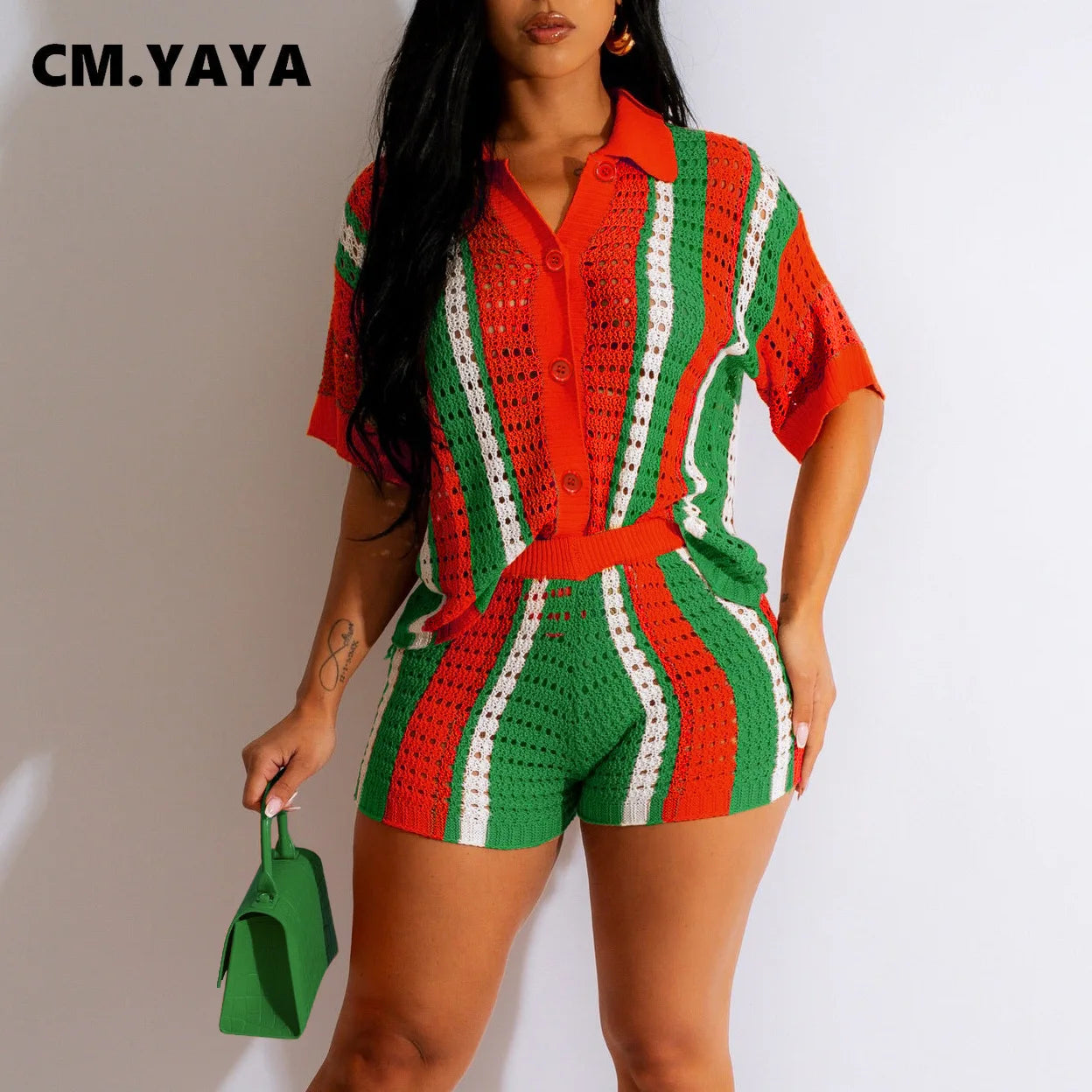 CM.YAYA Knit Ribbed Crochet Hollow Out Striped Women's Set Short Sleeve Button Sweater and Shorts 2023 Two 2 Piece Set Outfits